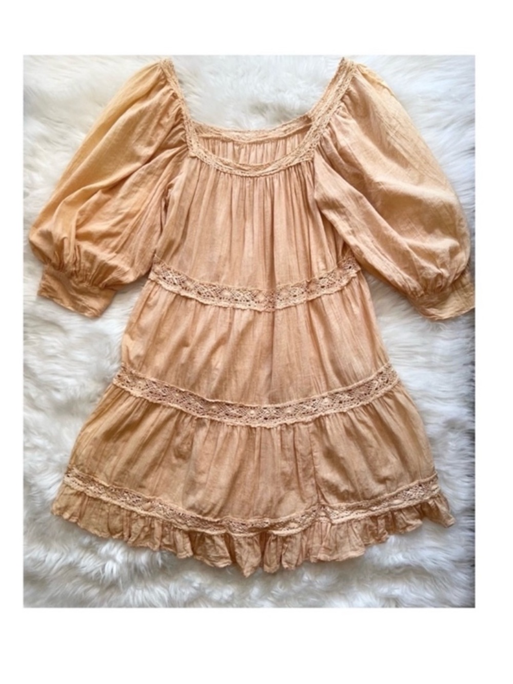 New! JEN'S PIRATE BOOTY Almond Lace Tiered Ruffled Mini Dress in Peachy Tan - Picture 7 of 12